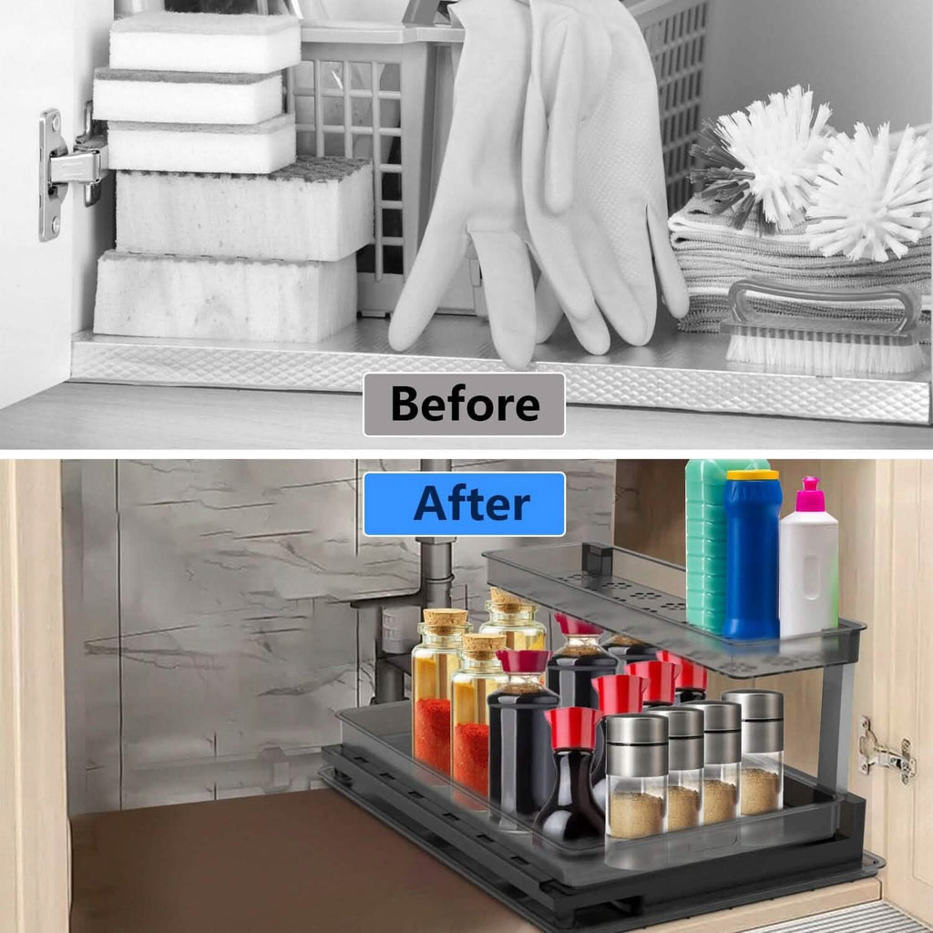 L-Shaped 2-Tier Under-Sink Organizer — Sliding Lower Basket