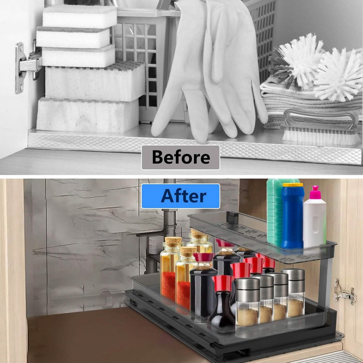 L-Shaped 2-Tier Under-Sink Organizer — Sliding Lower Basket