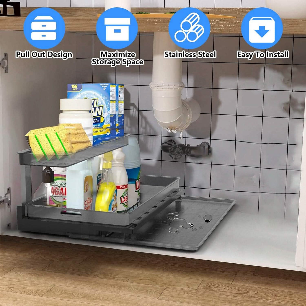 L-Shaped 2-Tier Under-Sink Organizer — Sliding Lower Basket