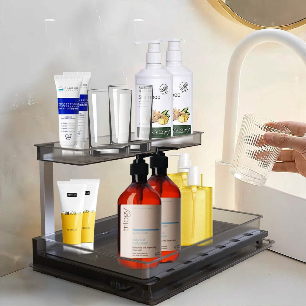 L-Shaped 2-Tier Under-Sink Organizer — Sliding Lower Basket